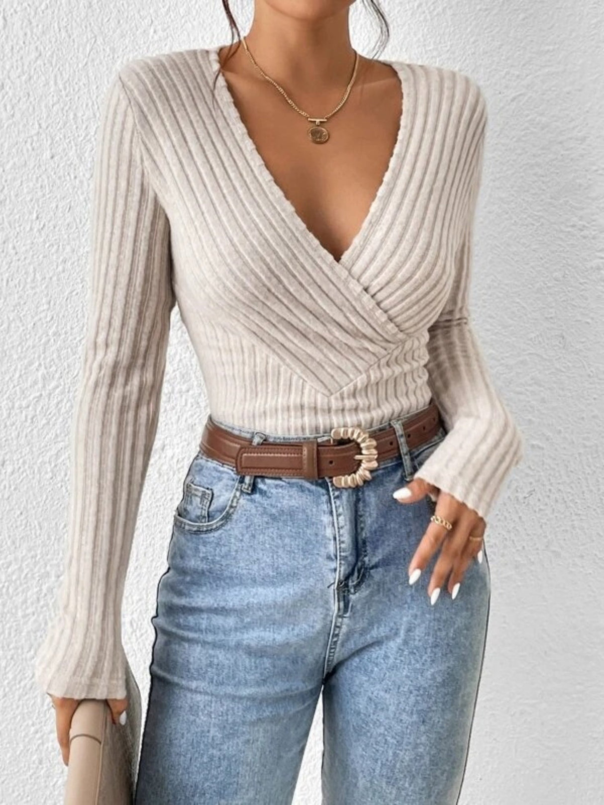 V-neck Crossover Long-sleeved Brushed Ribbed Knit T-shirt/sweater