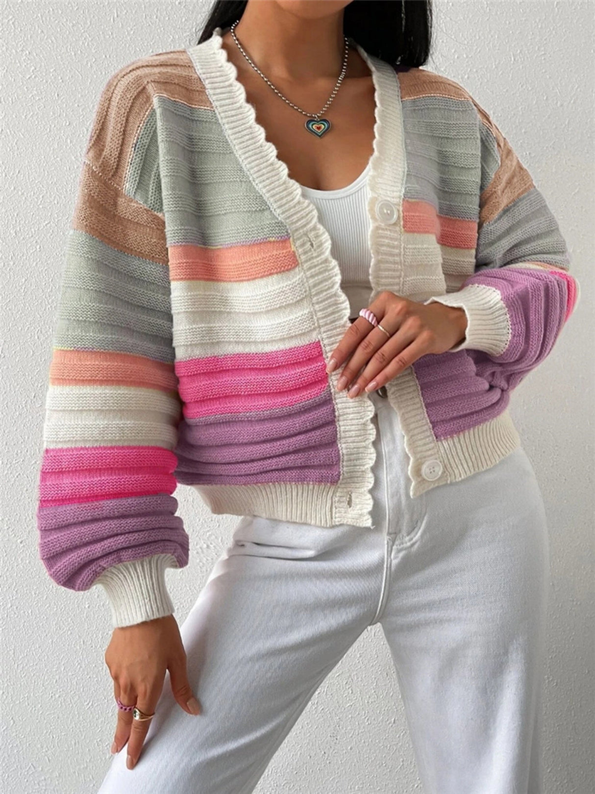 Rainbow Stripes Contrasting Colors Buttons Balloon Sleeve Cardigans