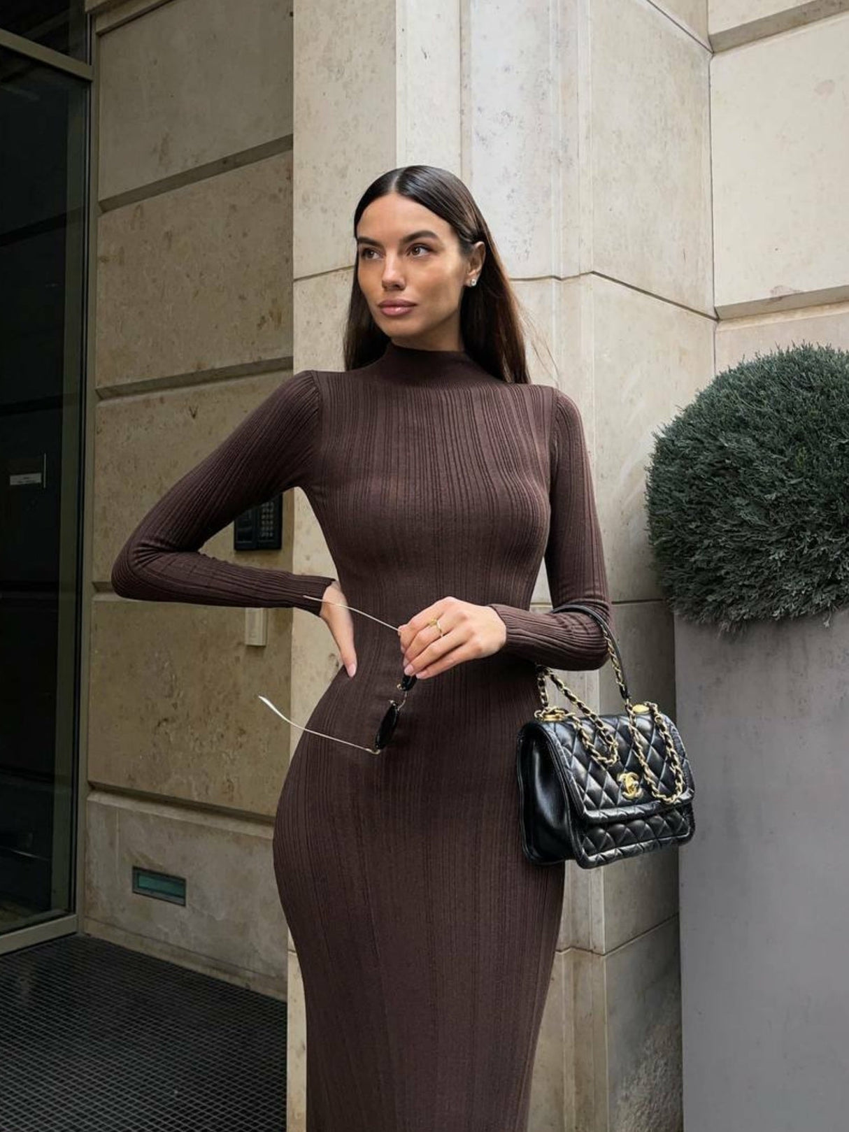 High Neck Long Sleeve Bodycon Dress Autumn Winter Maxi Dress Elegant French Knitted Dress