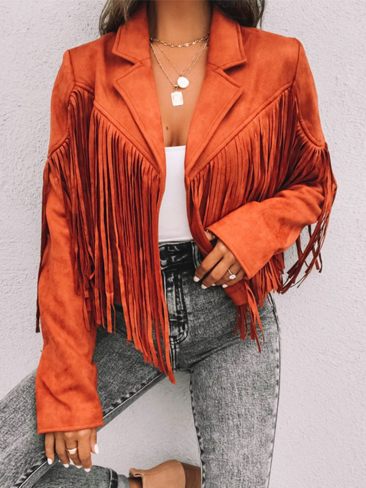 Suede Collared Tassel Short Autumn/winter Long-sleeved Leather Jacket