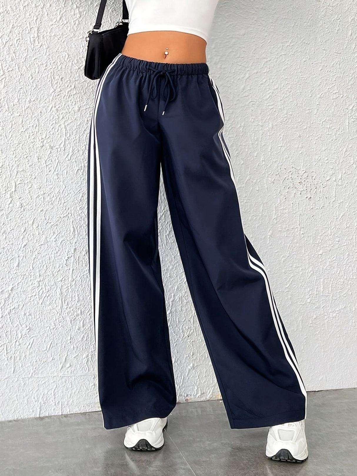 Side Stripes Elastic Waist Drawstring High Waist Casual Straight-leg Sports Trousers