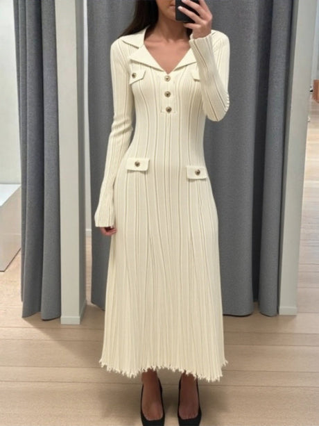 Lapel Button Ribbed Long Sleeve Fishtail Knitted Dress
