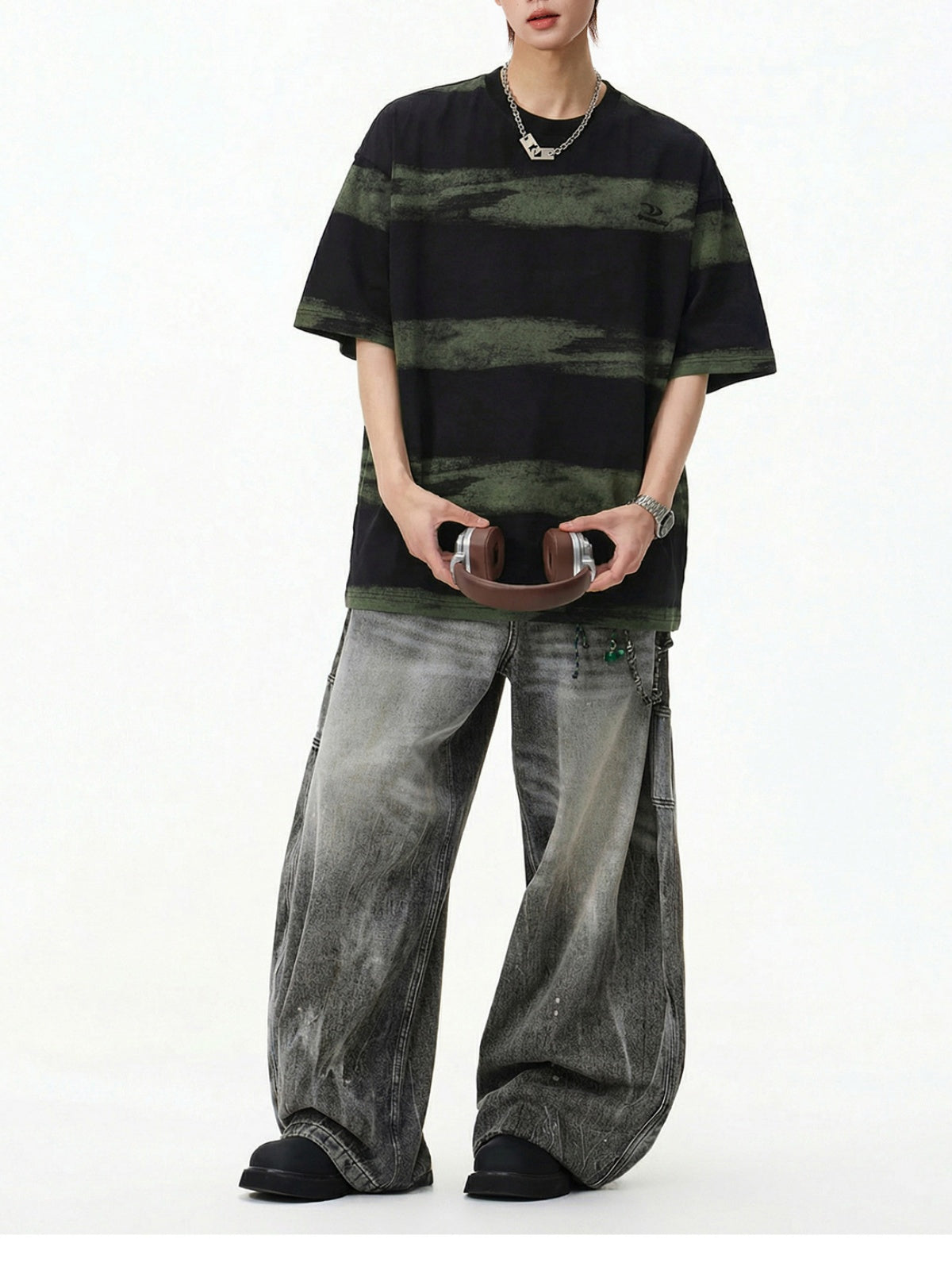 Imitation Tie-dye Stripes Pure Embroidery T-shirts