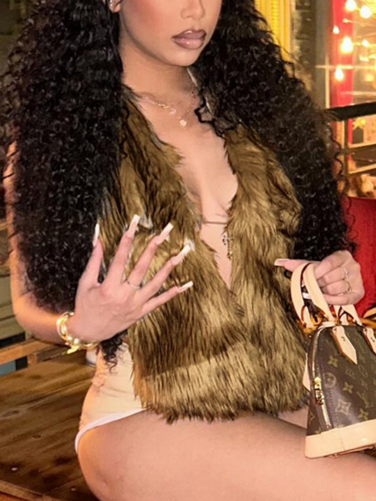 Furry Neckband V-neck Big Backless Sleeveless Rope Cropped Top Tank Tops&Camis