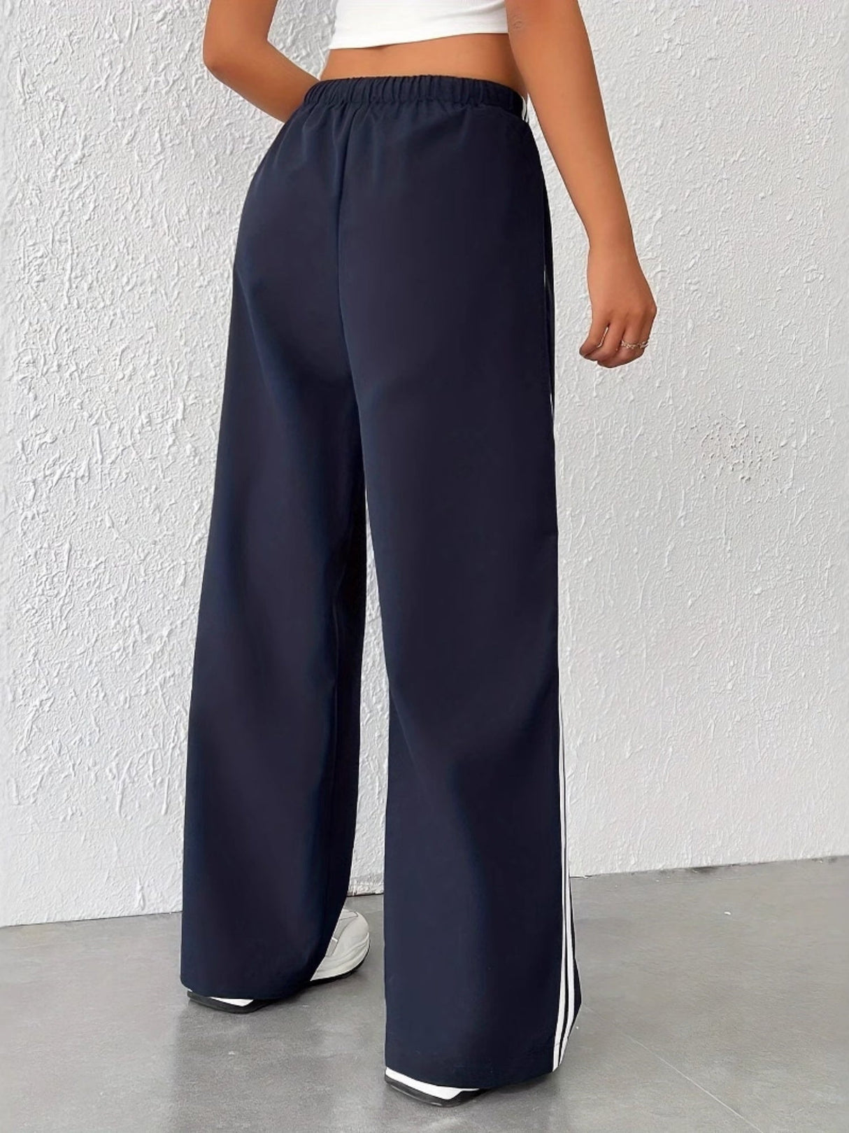 Side Stripes Elastic Waist Drawstring High Waist Casual Straight-leg Sports Trousers