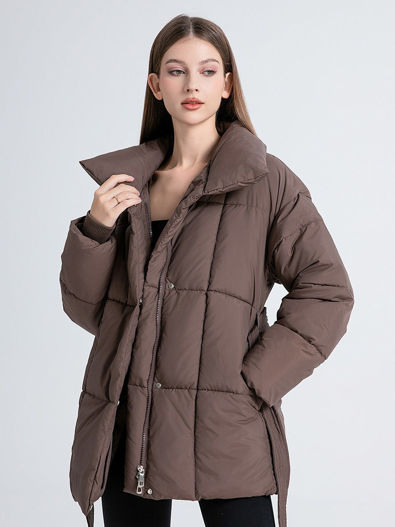 Stand Collar Tie Button Down Mid-length Warm Coat