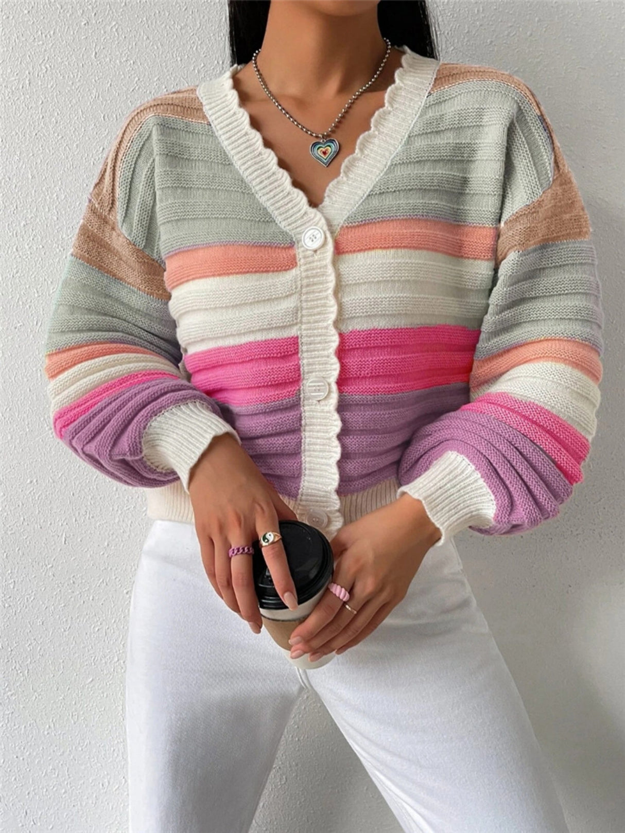 Rainbow Stripes Contrasting Colors Buttons Balloon Sleeve Cardigans