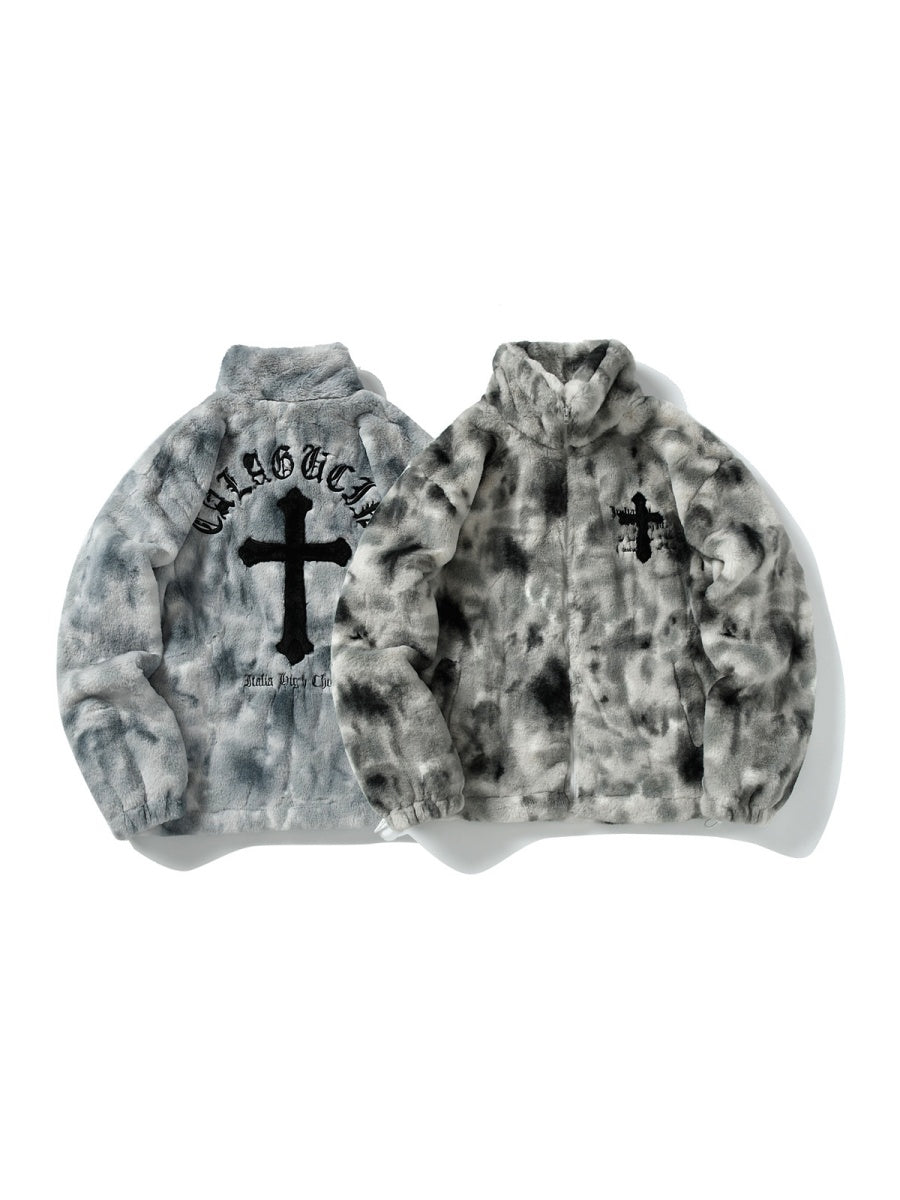 Tie-dye Gradient Cross Stitch Lambskin Faux Rabbit Fur Coat