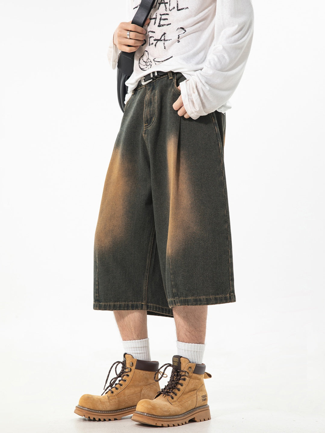 Washed Distressed Loose-fit 7 Points Shorts
