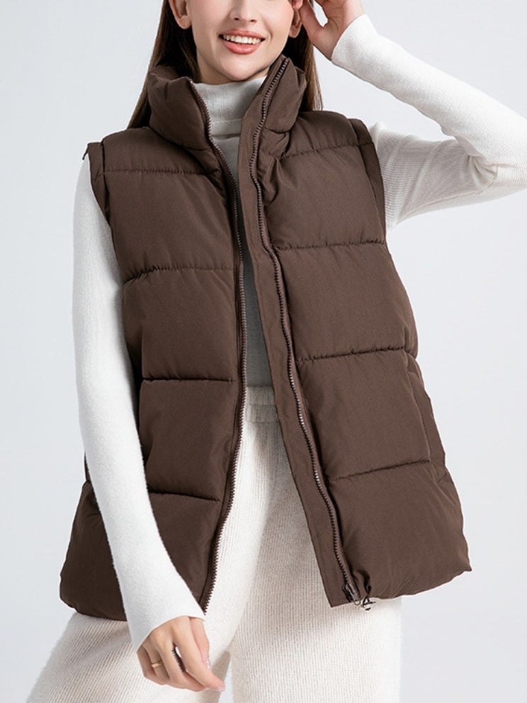 Stand Collar Sleeveless Zipper Pocket Warm Loose Mid-length Down Cotton Vest Jacket