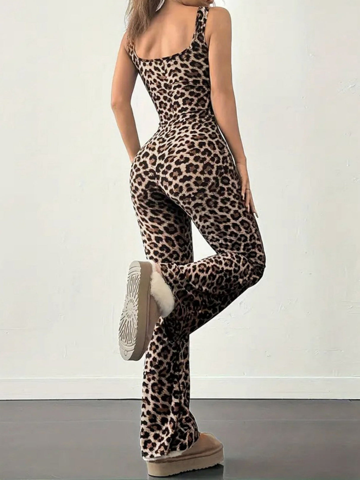 Liber Leopard Print Bell-bottoms Suspender Bodysuit/pants