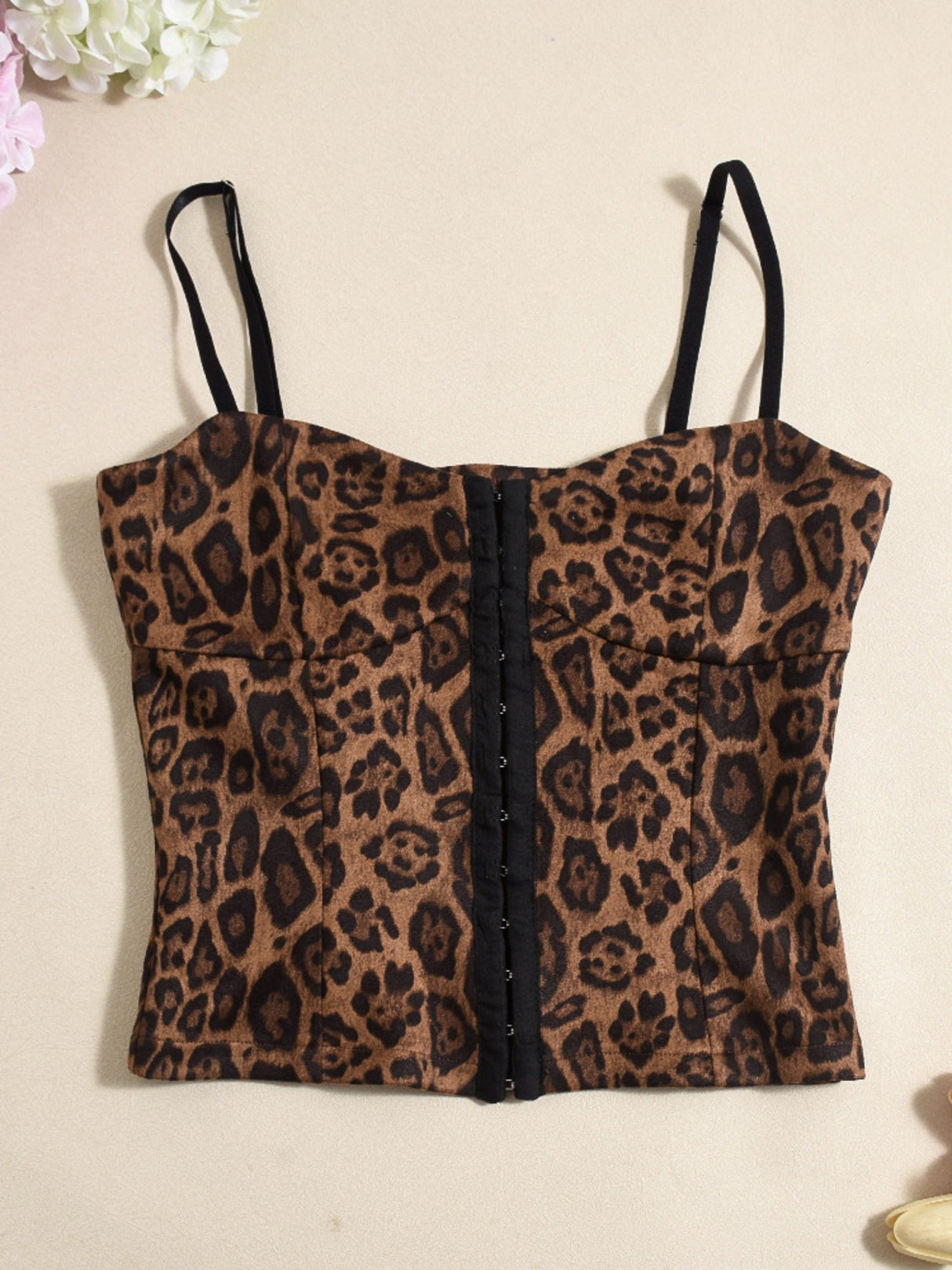 Liber Leopard Print Buttons Hollow Out Suede Tank Tops&Camis