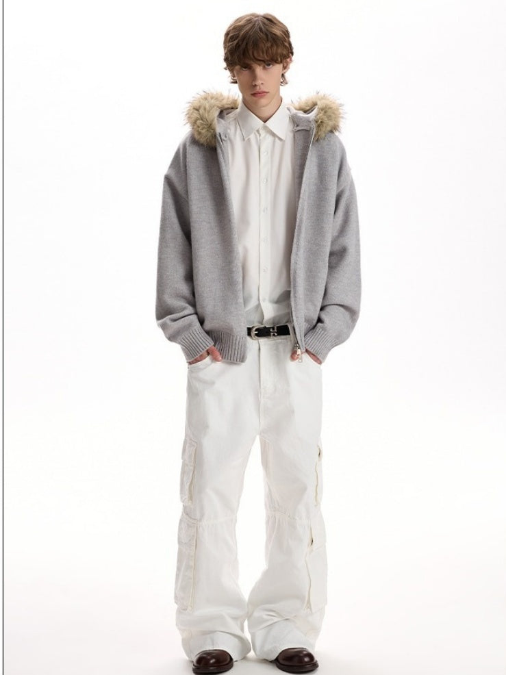 Fur Collar Hooded Knitting Cardigan Coat