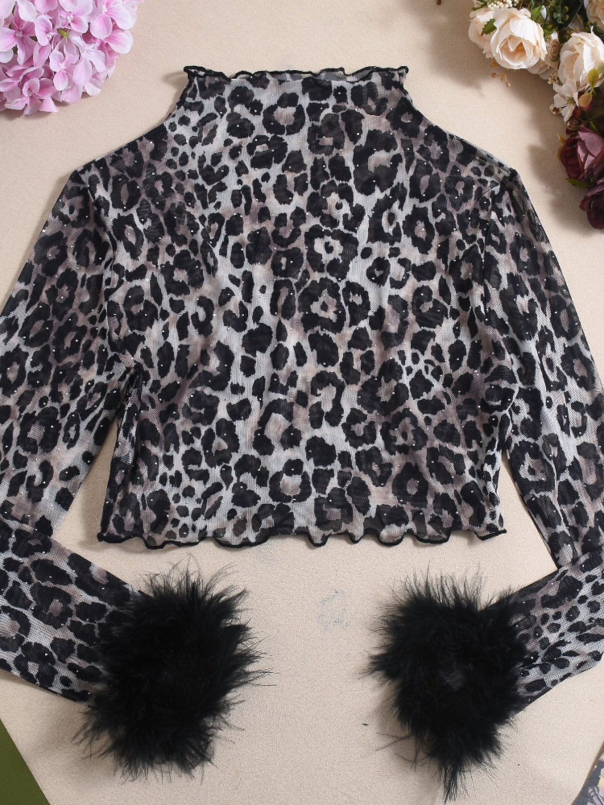 Liber Leopard Print Hot Rhinestones Feather Leopard Print Navel Exposed Long-sleeved T-shirt