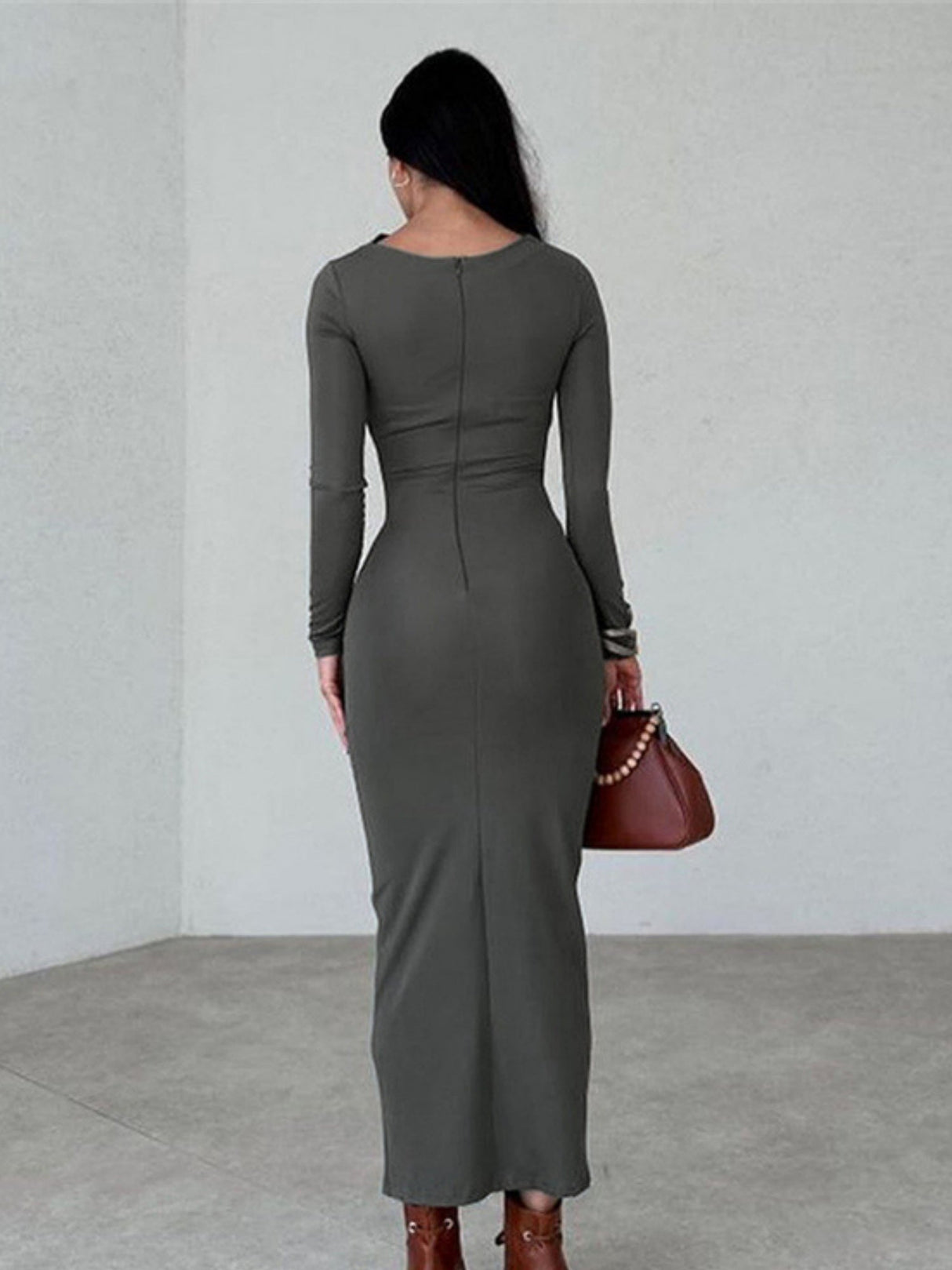 Pleated Sexy Slim Long Sleeve Solid Color Simple Temperament Hip Long Dress