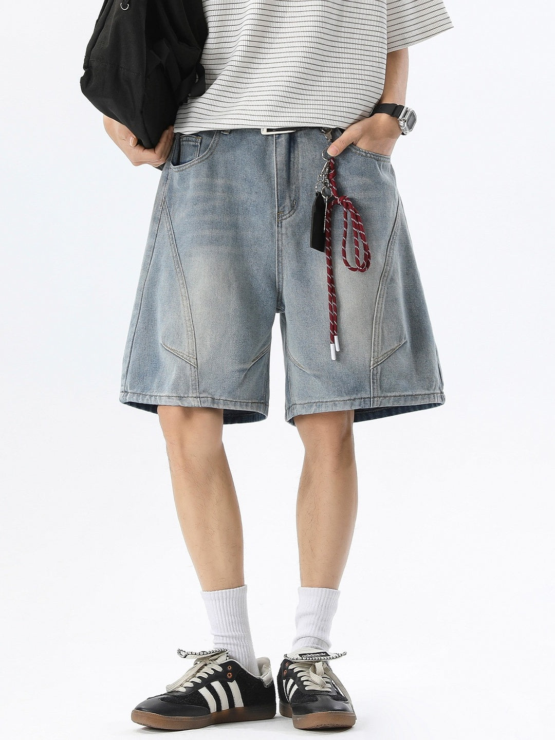Distressed Washed Five Points Denim Shorts