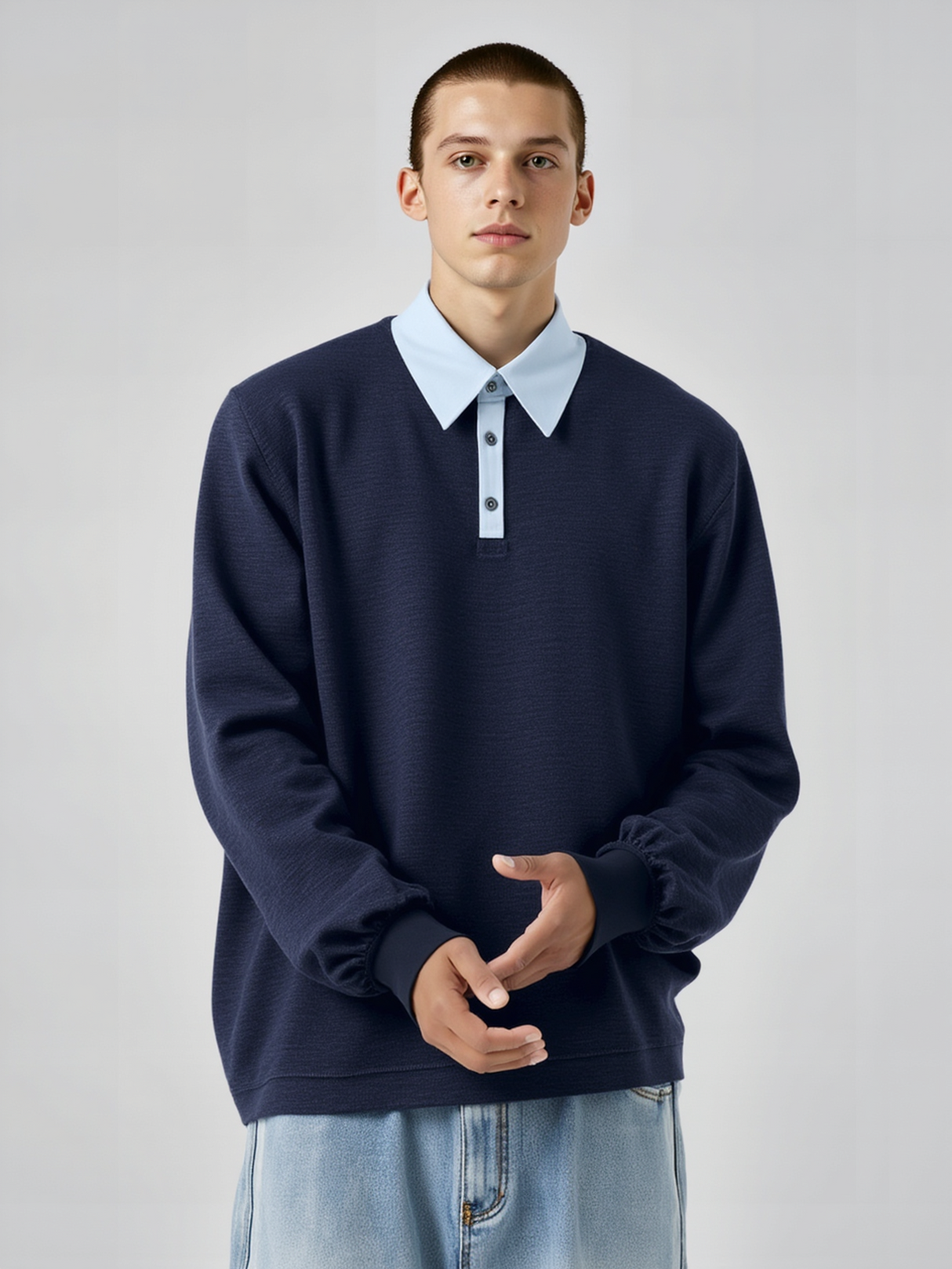 Polo Collar Contrasting Colors Splicing Long-sleeved Polo Shirt