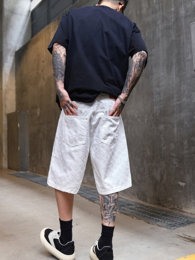 Jacquard Full Print Denim Lightweight Straight-fit Five Points Shorts