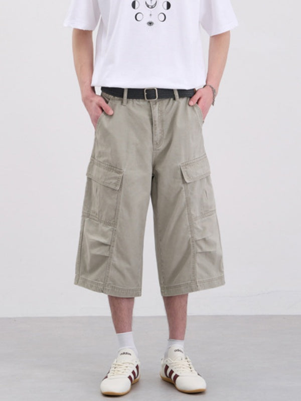 Washed Pleated Multiple Pockets Tooling Baggy 7 Points Shorts