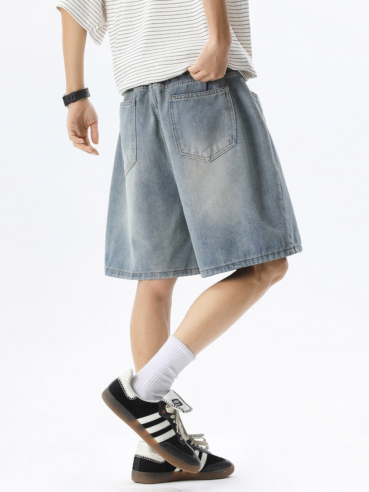 Distressed Washed Five Points Denim Shorts