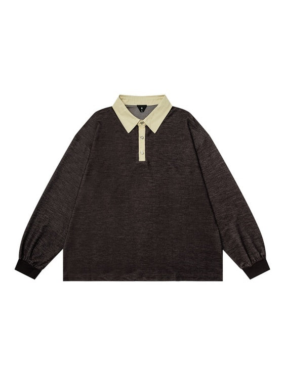 Polo Collar Contrasting Colors Splicing Long-sleeved Polo Shirt