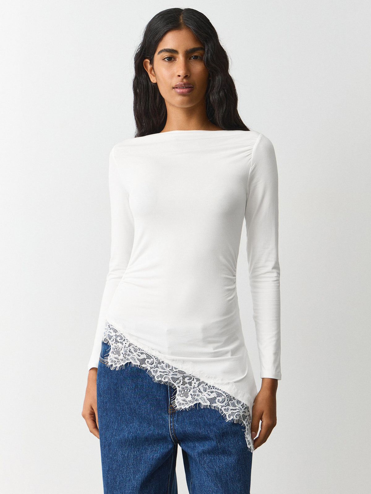 New Women's Simple Solid Color Design, Lace Trim And Slits At The Hem, Slim Fit Long Sleeve Top