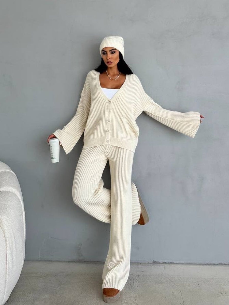 Leisure Solid Color Long Sleeve Buttons Sweaters Cardigans Pants Two-piece Suit