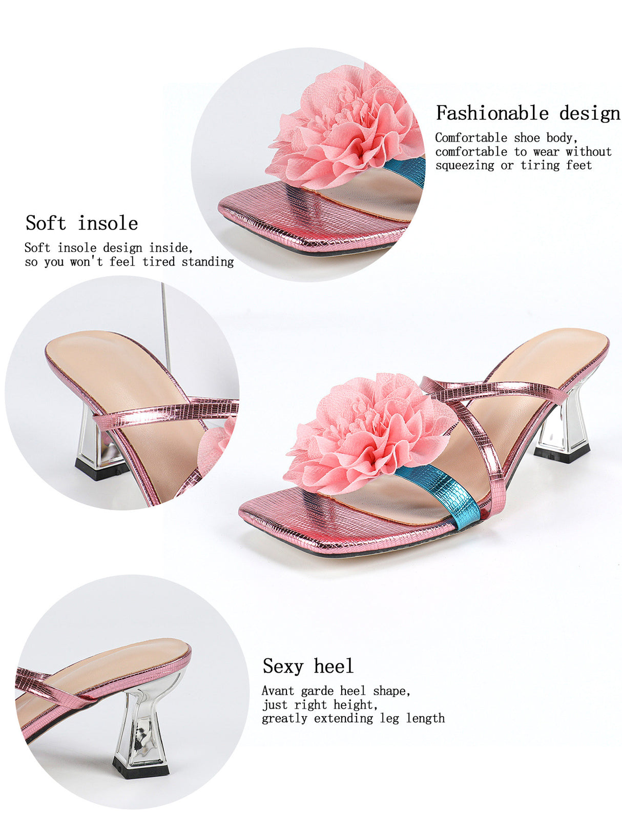 3D Floral Iridescent Square-toe High-heeled Sandals