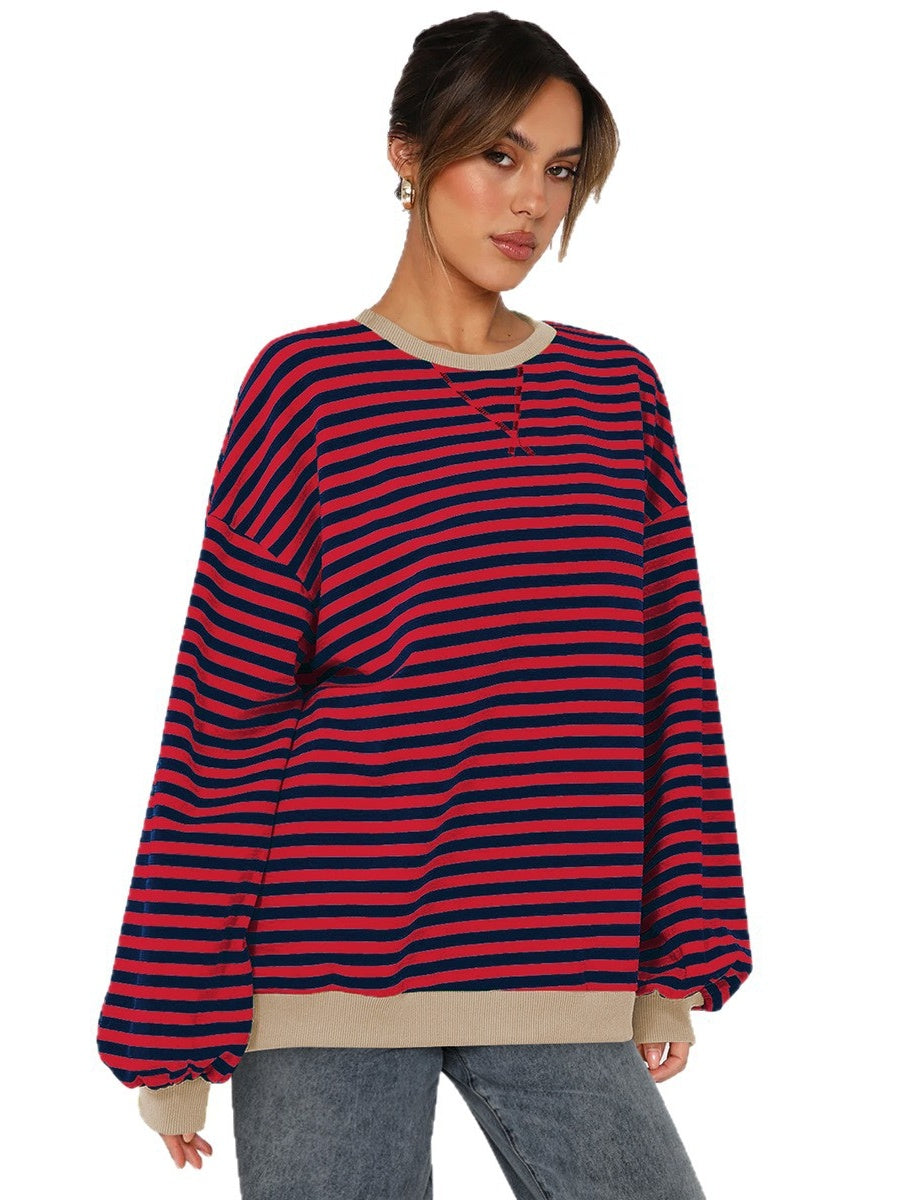 Women's Autumn/Winter Striped Color-Blocked Oversized Long-Sleeved Sweatshirt