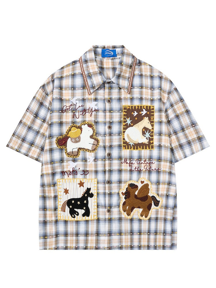 Cartoon Embroidery Plaid Loose-fit Shirts