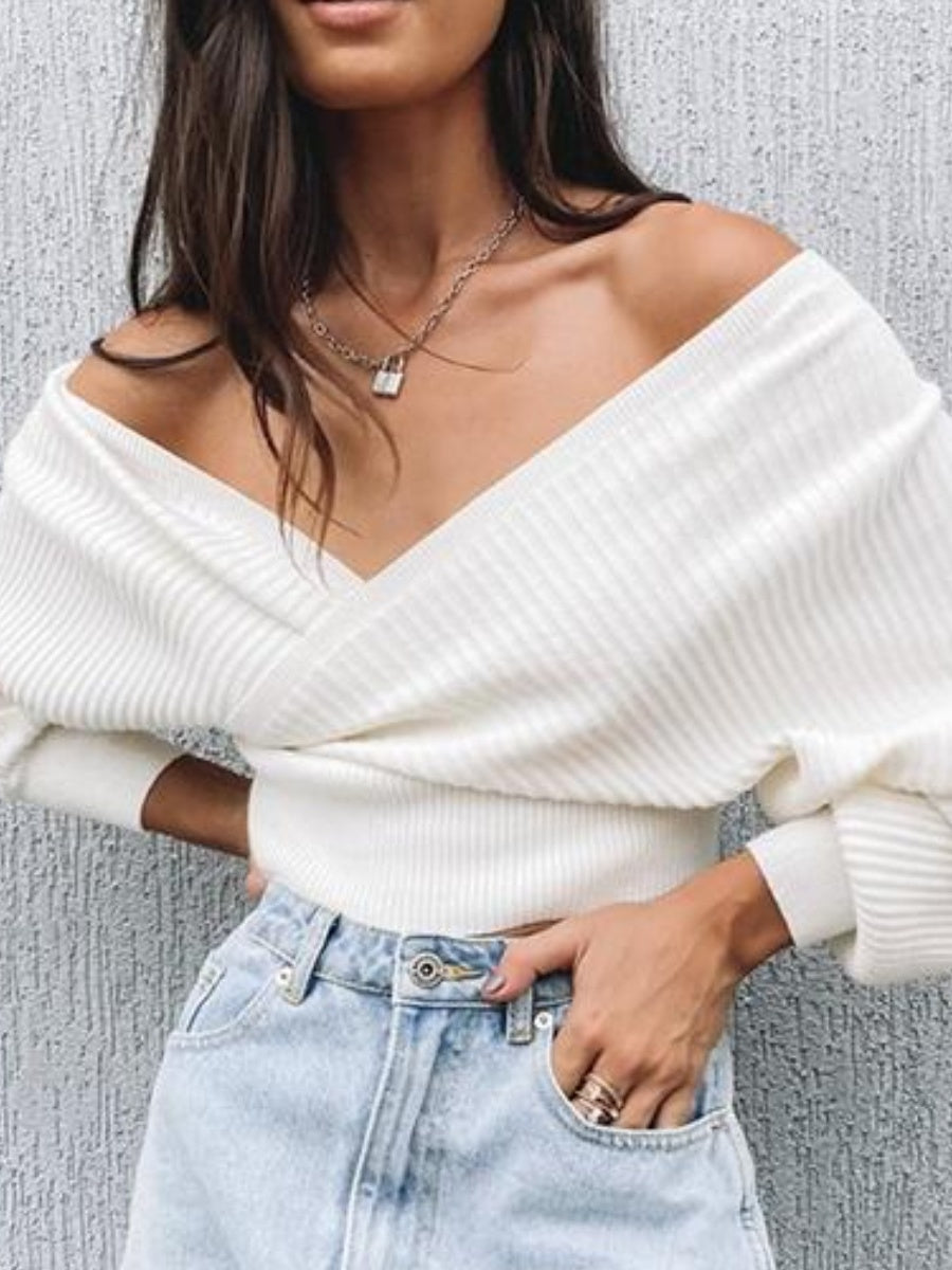 Liber Autumn women's clothing cross design Plain stitch V-neck solid color pullover long-sleeved sweater