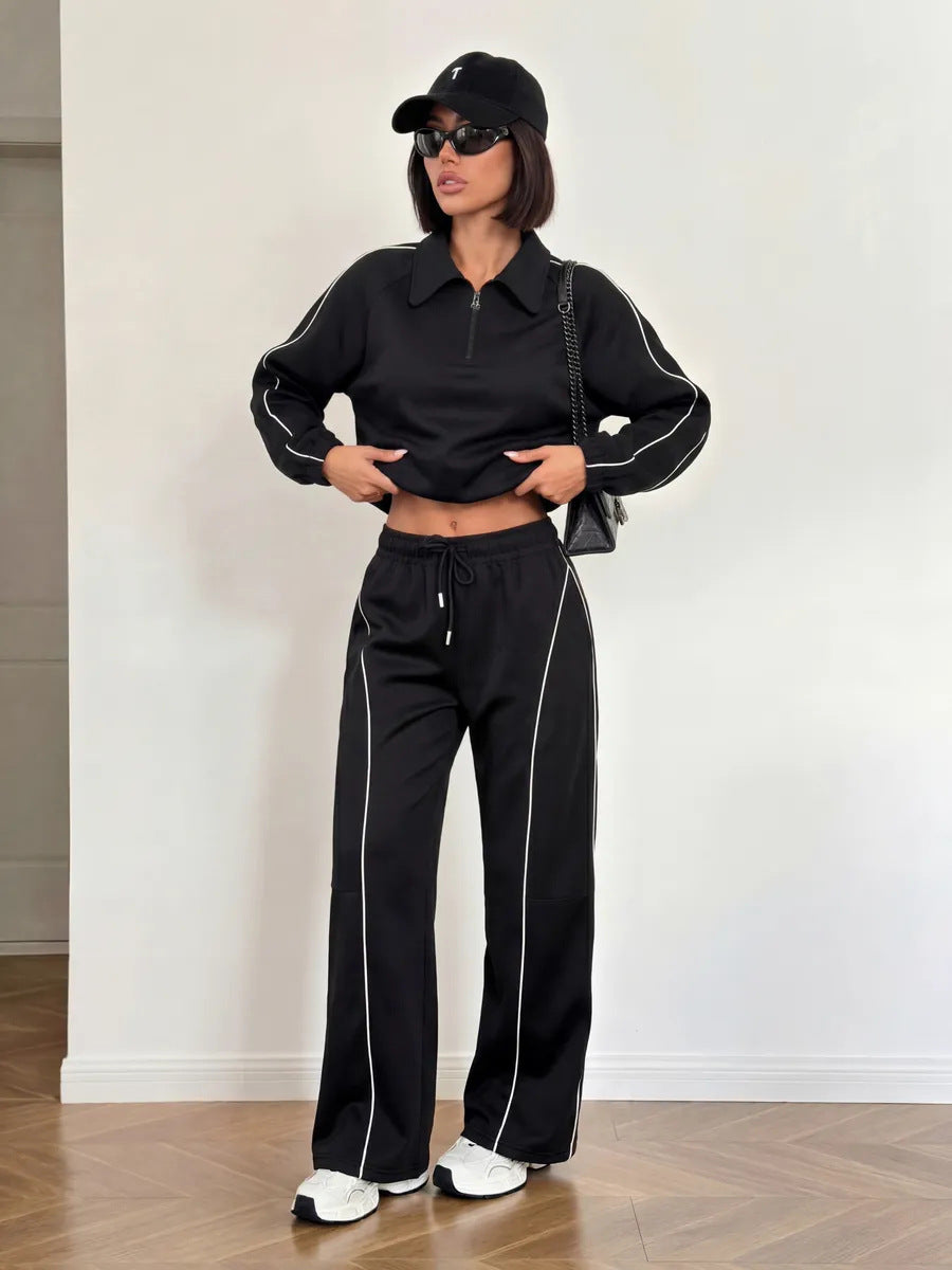 American Retro Color-blocked Striped Tracksuit For Women Two-piece Set: Collared Half-zip Sweatshirt And High-waisted Wide-leg Sweatpants