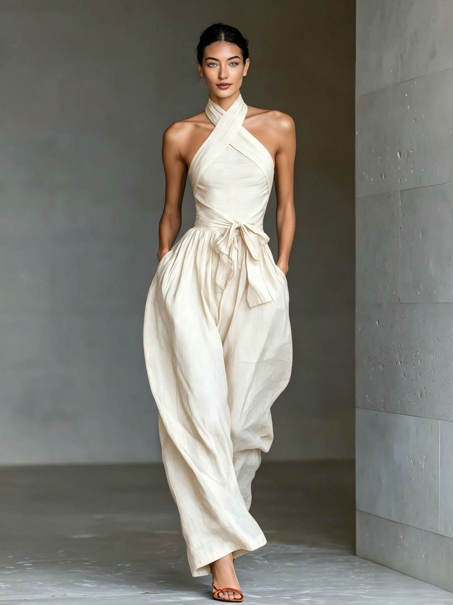 Lace-up Linen Cross-strap Wide-leg Jumpsuit
