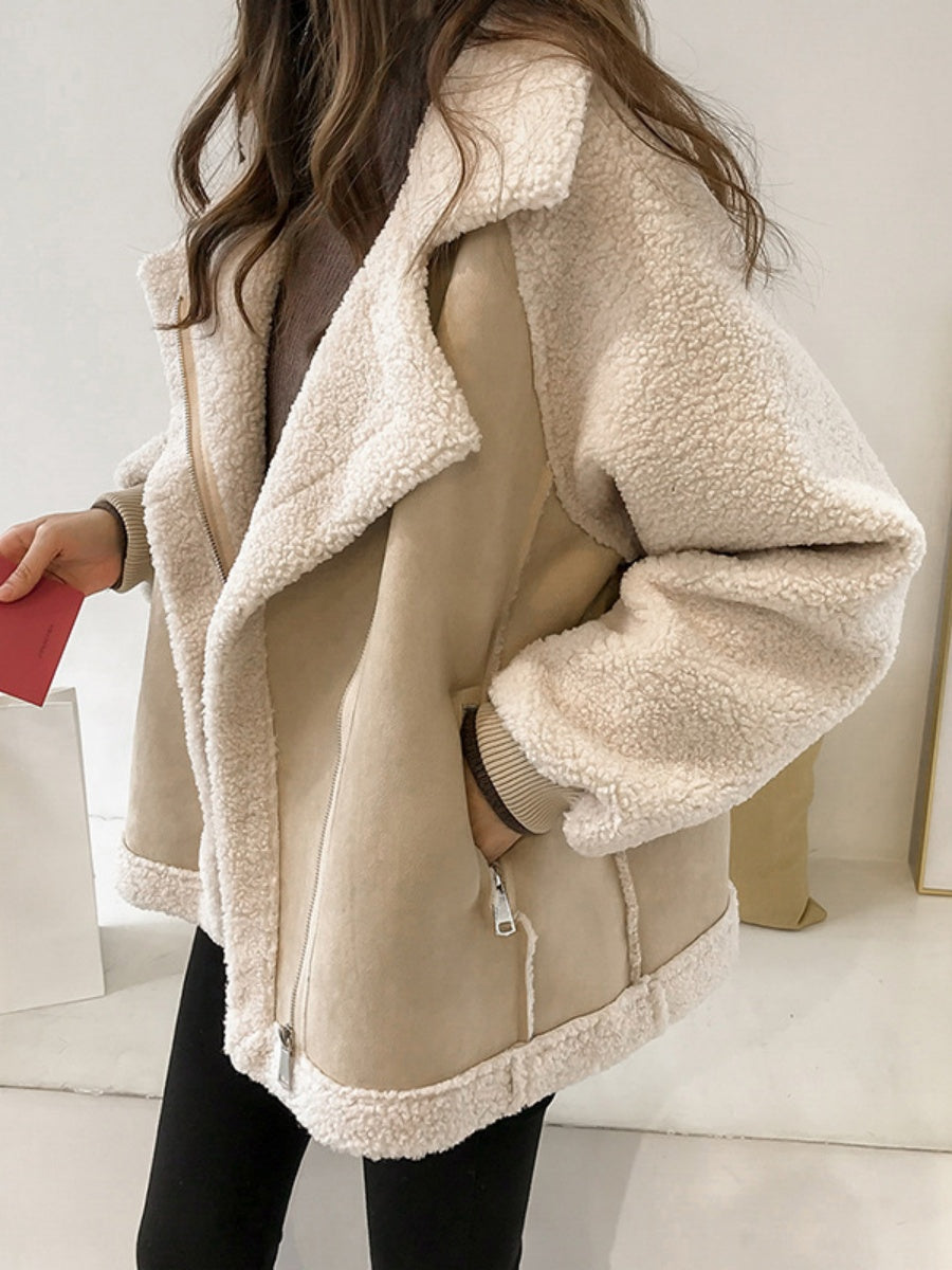 Manteau court ample en daim, fourrure, laine d'agneau et coton