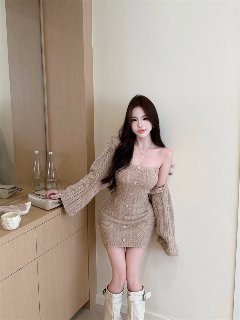 Knitted Elegant Fashion Set: Long-sleeved, Waist-cinching Sweater And Strapless Dress Two-Piece Set
