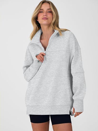 Women's Autumn/Winter Solid Color Half-Zip Long-Sleeve Side-Slit Sweatshirt