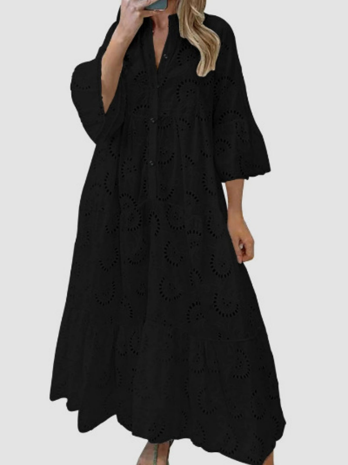 Lace Cutout V-neck Buttons Flare Sleeve Maxi Dresses