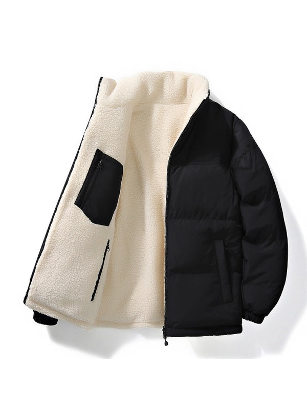 Stand Collar Color-blocked Reversible Lamb Wool Jackets