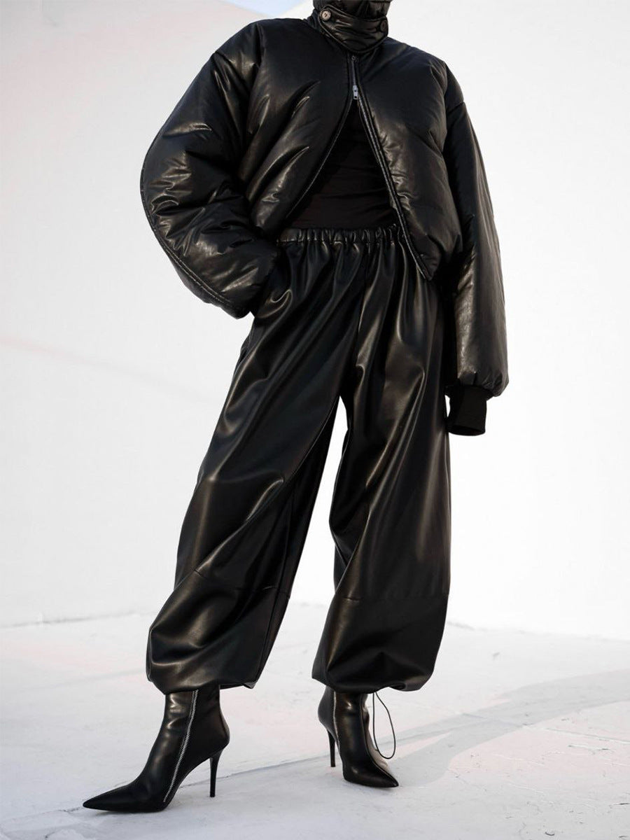 Drawstring Ankle Lantern Pants Loose Leather Pants PU Leather Trousers