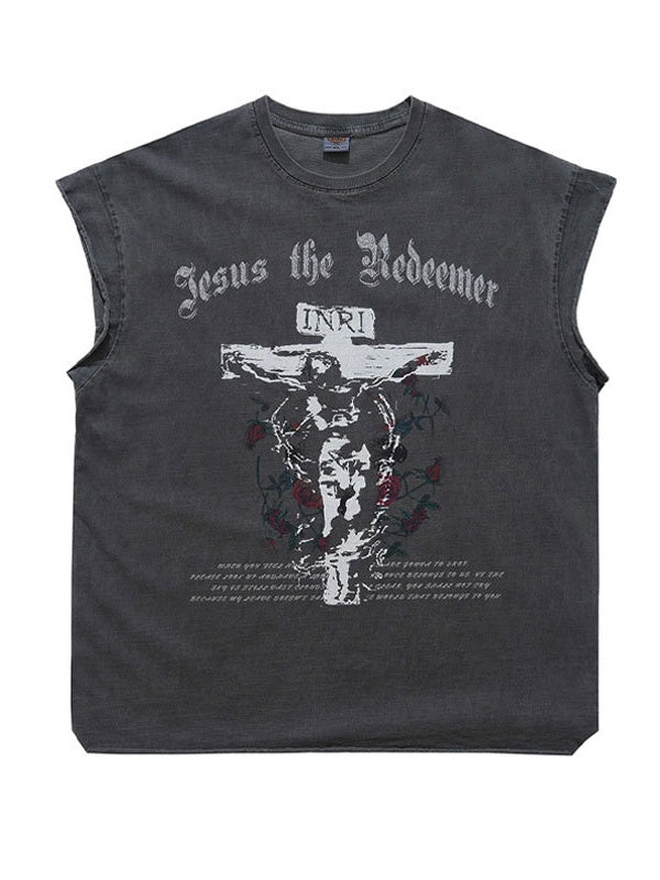 Washed Distressed God Printed Tank Tops