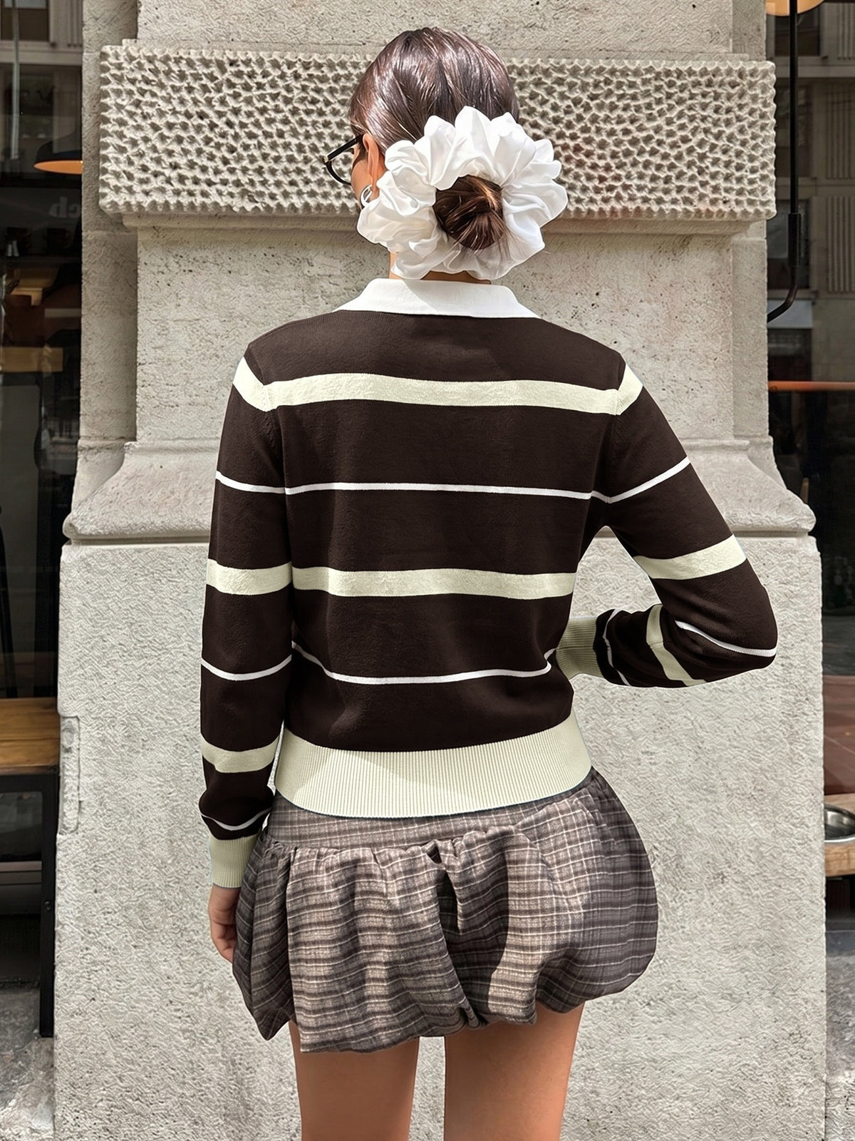 Preppy Style Striped Color-blocked Polo Collar Long-sleeved Fitted Sweater