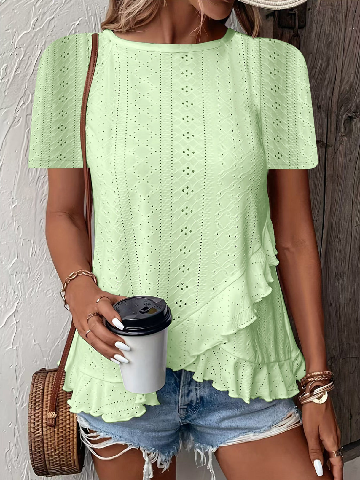 Jacquard Hollow Out Ruffle Crew Neck Short Sleeve T-shirts