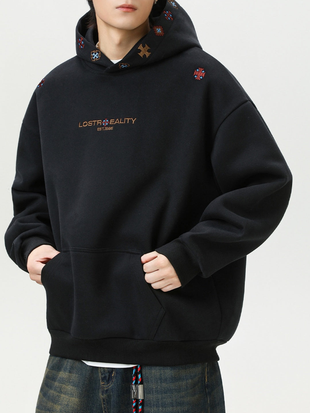 Ethnic-Embroidered Hooded Sweatshirt