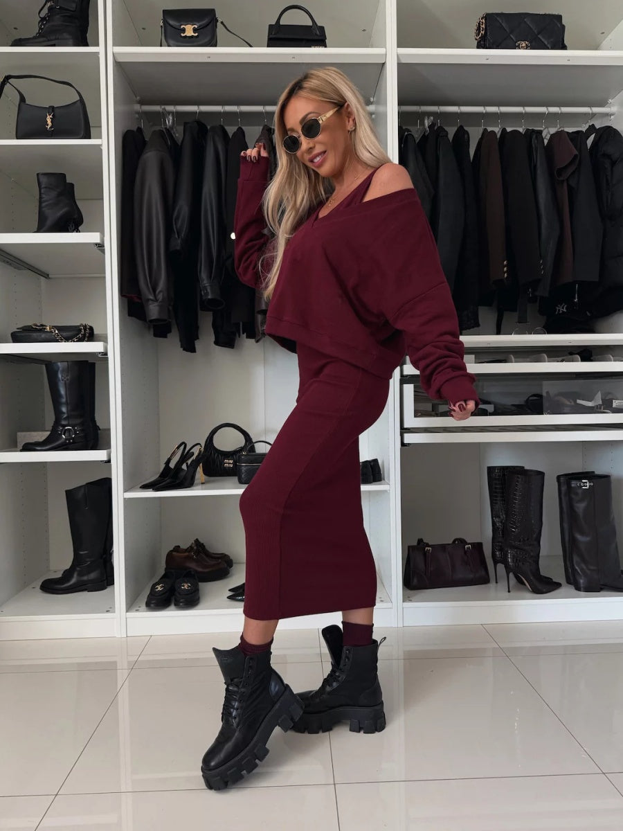 Liber Autumn women's V-neck clothing Pullover solid color long sleeve two piece dress