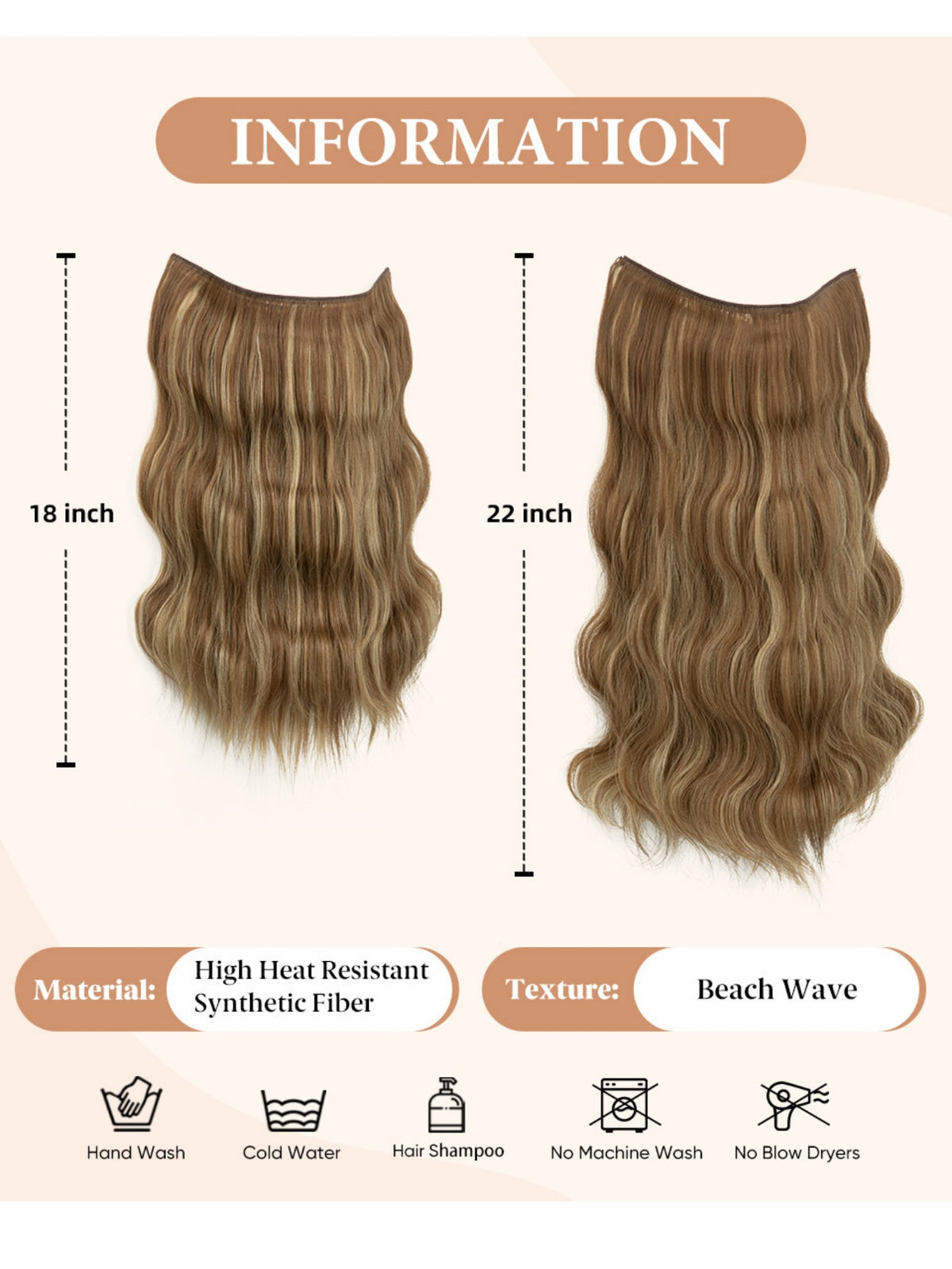 One-piece Hairpiece, Long Wavy Curls, Seamless Synthetic Fiber Wig