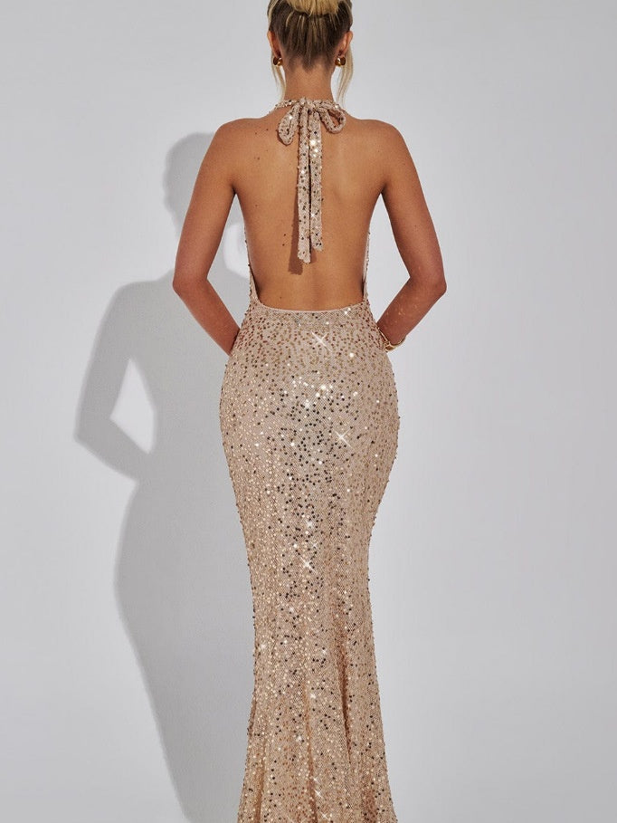 Sequined Deep V Halter Neck Bodycon Dress With Slightly Revealing Back