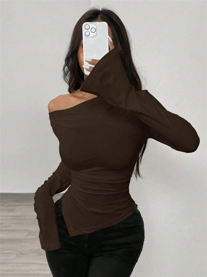 V-neck, Off-shoulder, Two-way Design, Slim Fit, Pleated, Irregular Long-sleeved T-shirt