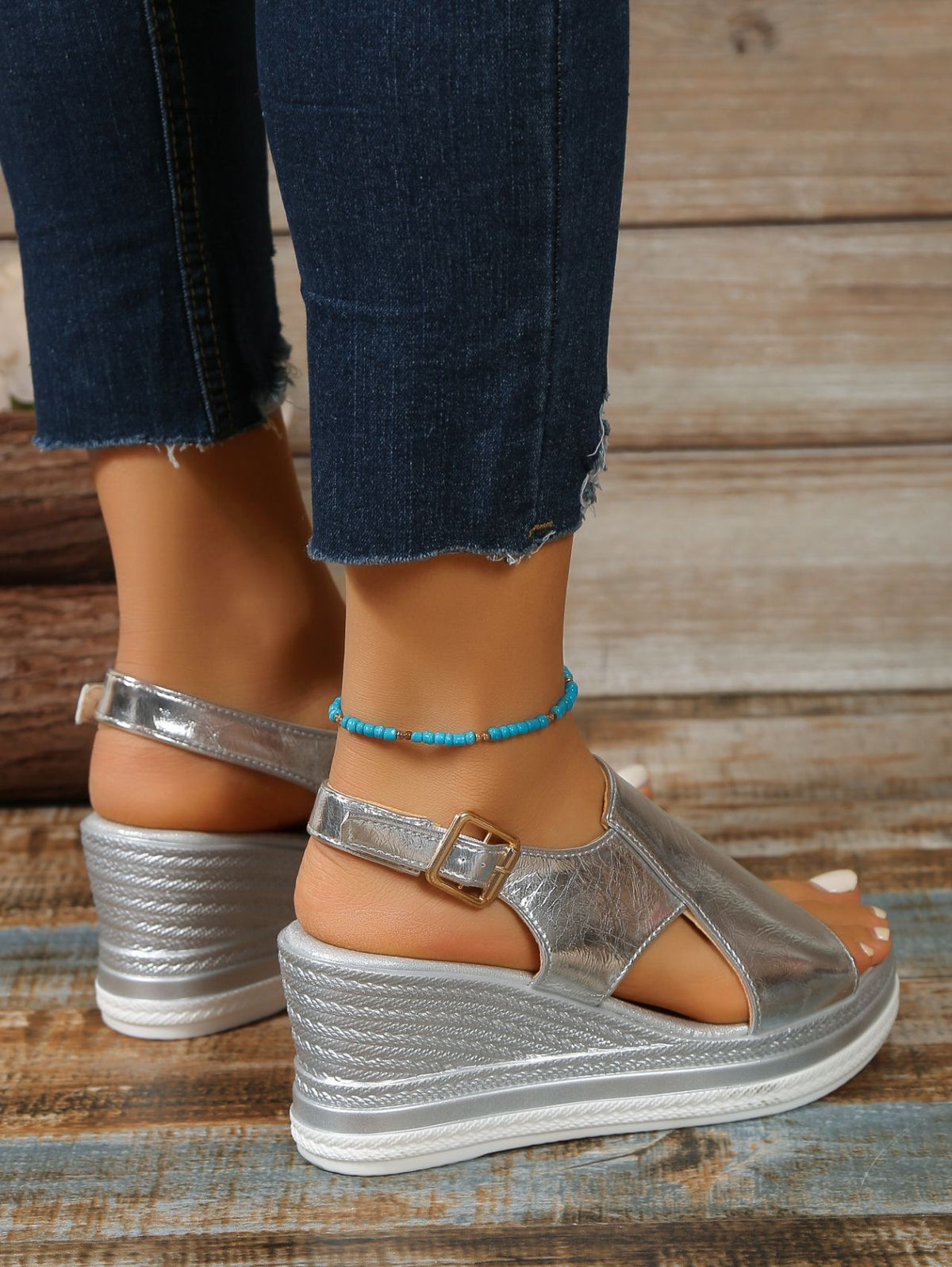 Platform Wedge Sandals, Plus Size, Openwork, Glossy Finish