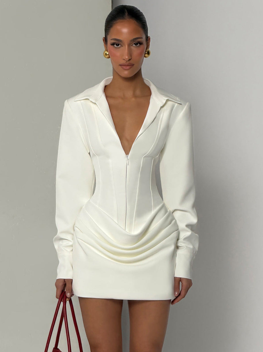 Sexy Deep V-neck Fishbone Zipper Waist-cinching Bodycon Dress