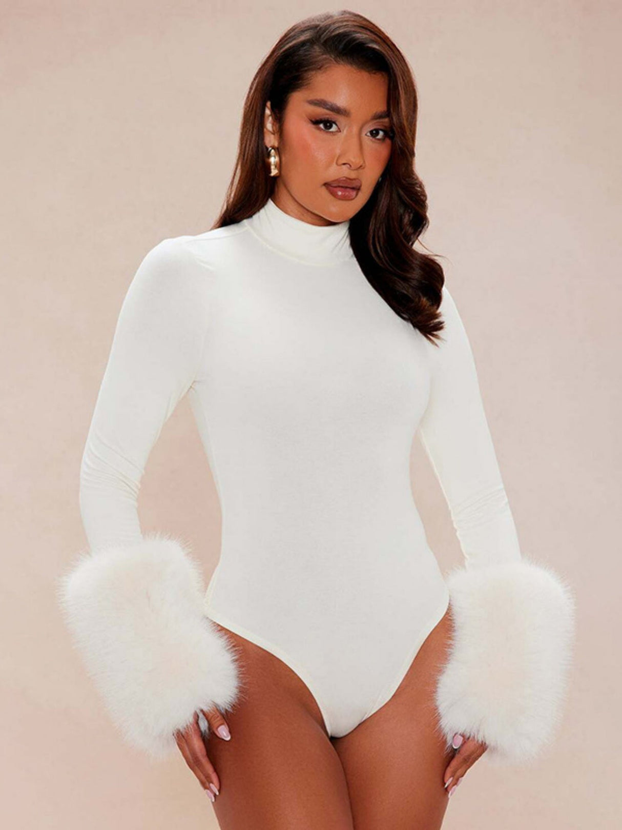 Fur Trim On Cuffs Solid Color Bodysuit